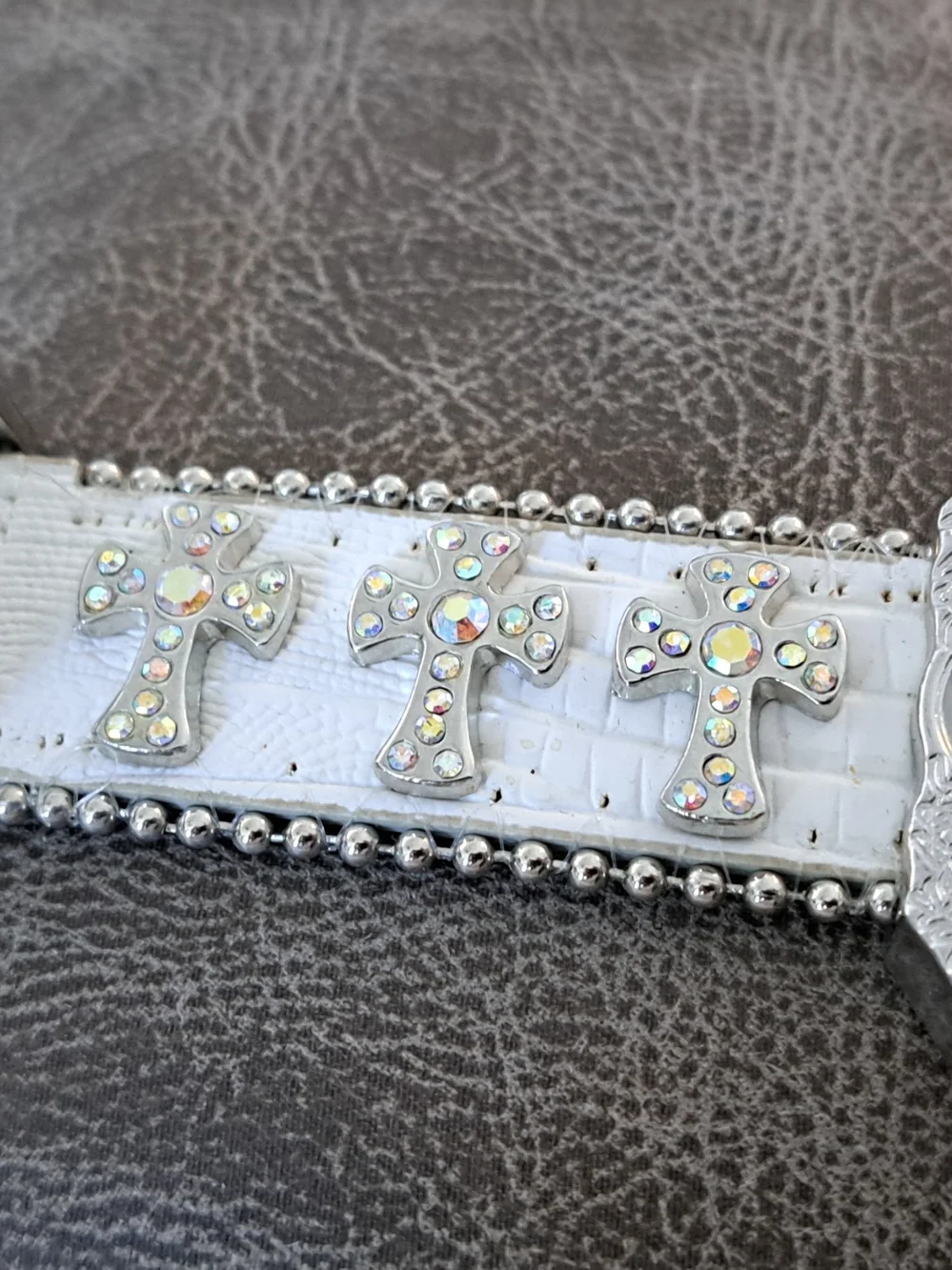 Geneva Silver-Tone Watch with White Strap and Iridescent Stones